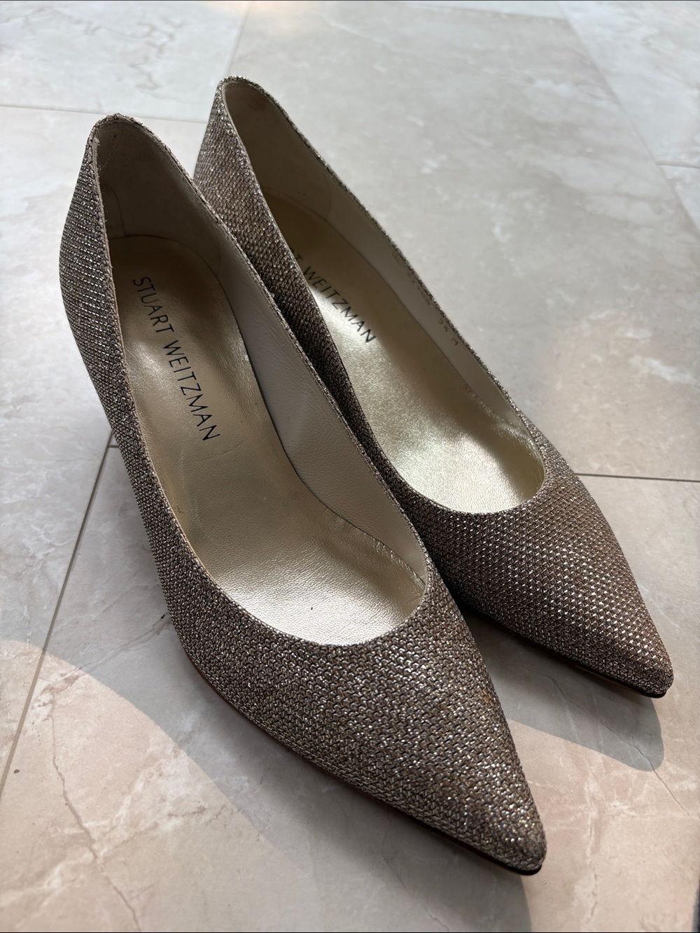Stuart Weitzman Glittered Champagne-Taupe Pointed Toe Pumps